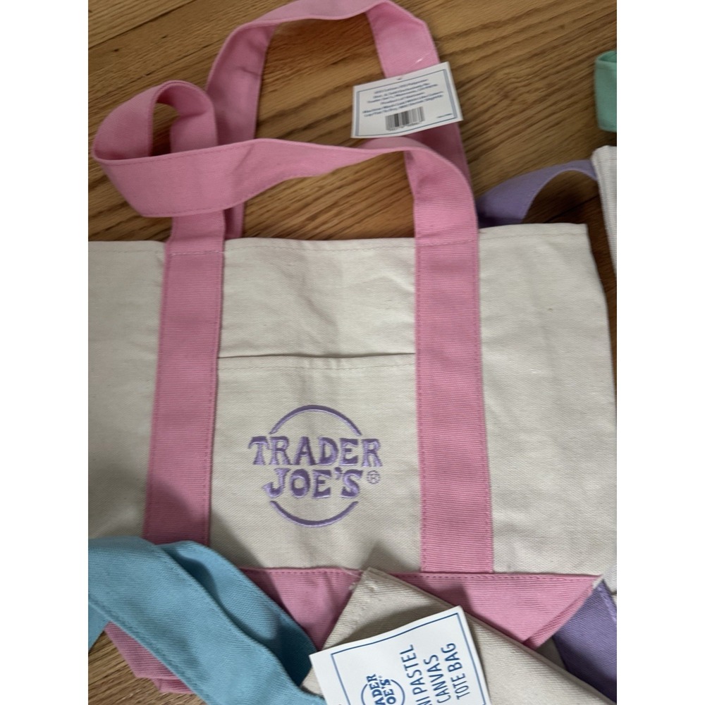 Trader Joe's Mini Pastel Canvas Tote Bag Set Of 4 Pink Blue Green Purple New - Picture 5 of 6